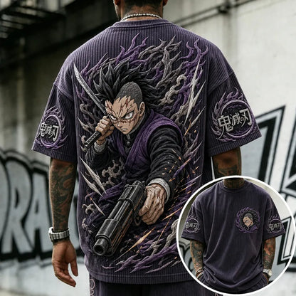 Unisex Oversized Anime-Print Vertical-Stripe Short-Sleeve T-Shirt