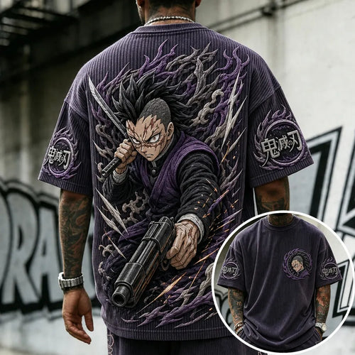 Unisex Oversized Anime-Print Vertical-Stripe Short-Sleeve T-Shirt