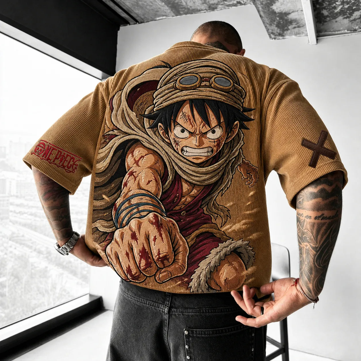 Unisex Short-Sleeve Corduroy T-Shirt With Anime Print