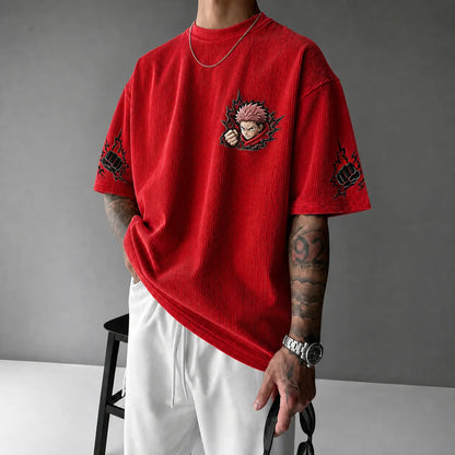 Unisex Anime Print Short-Sleeve Corduroy T-Shirt