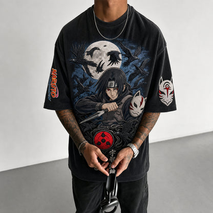 Unisex Oversized Anime-Print Vertical-Stripe Short-Sleeve T-Shirt
