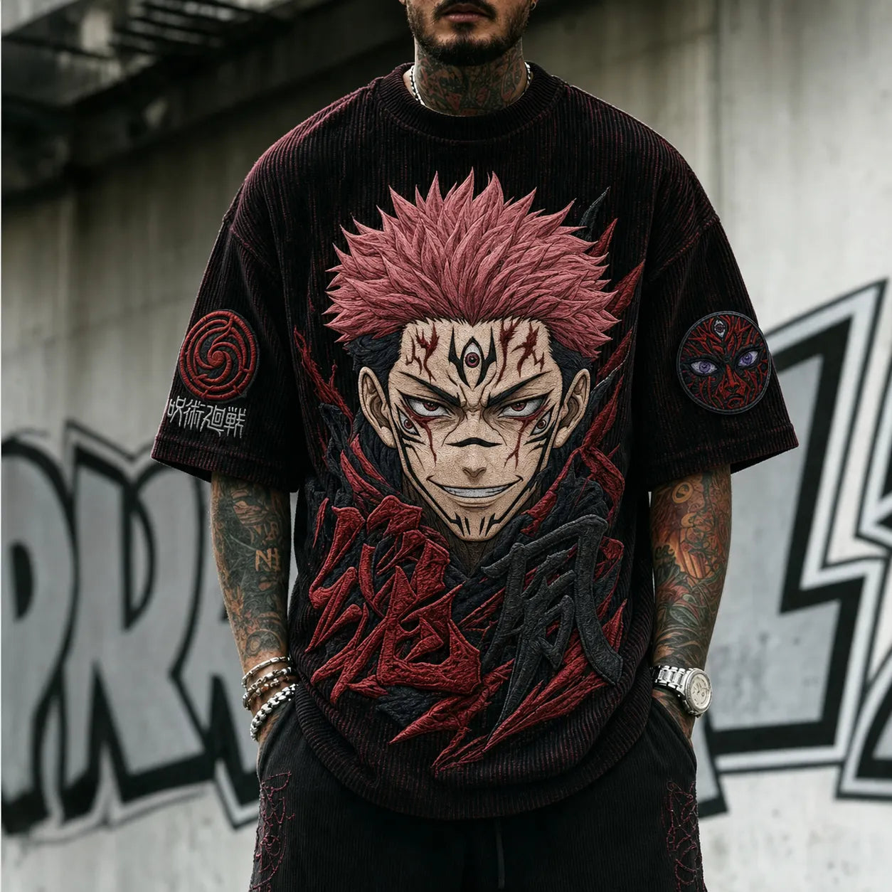 Unisex Anime Print Short-Sleeve Corduroy T-Shirt