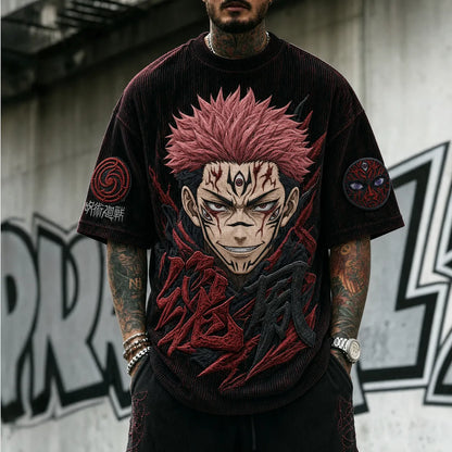 Unisex Anime Print Short-Sleeve Corduroy T-Shirt