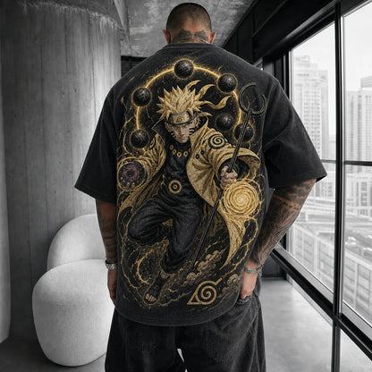 Unisex Oversized Anime-Print Vertical-Stripe Short-Sleeve T-Shirt