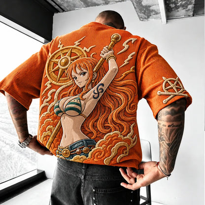 Unisex Anime-Style Retro Corduroy Oversized T-Shirt