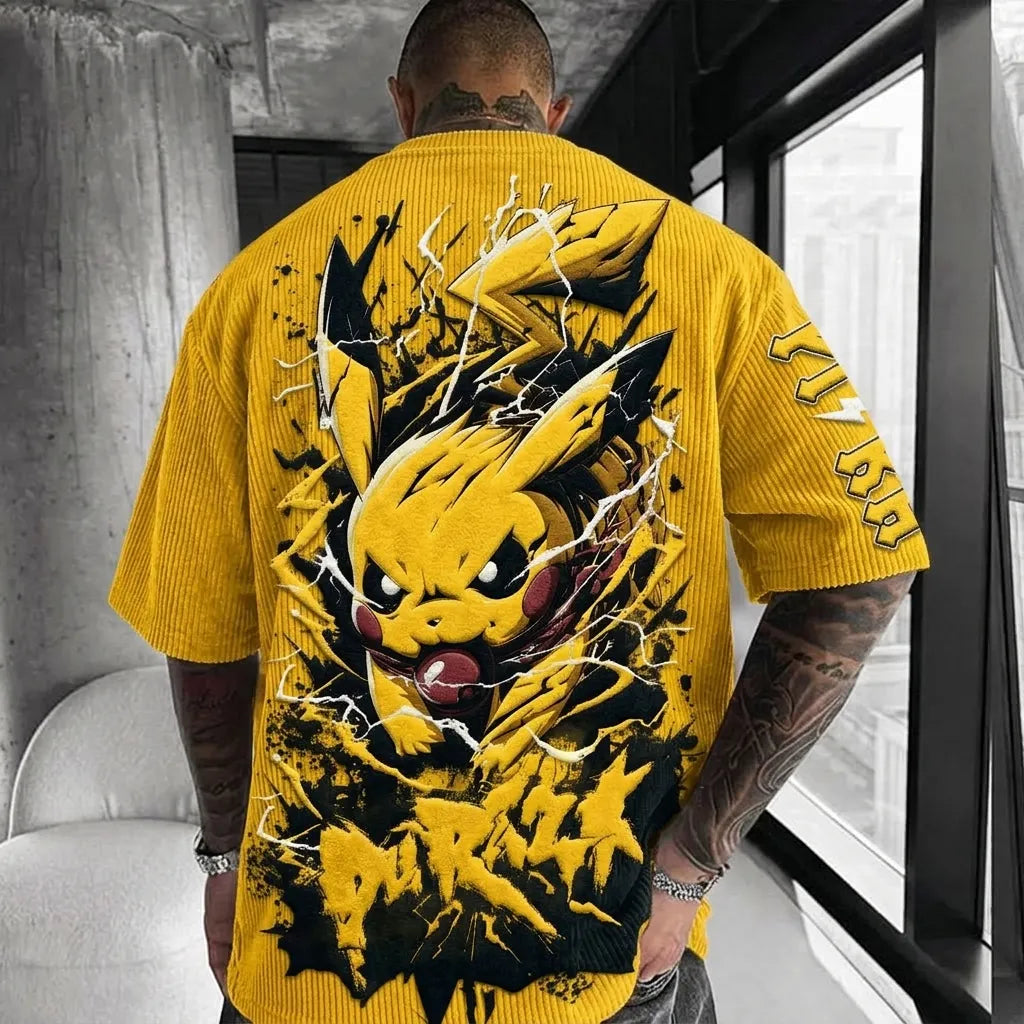 Unisex Anime-Style Retro Corduroy Oversized T-Shirt