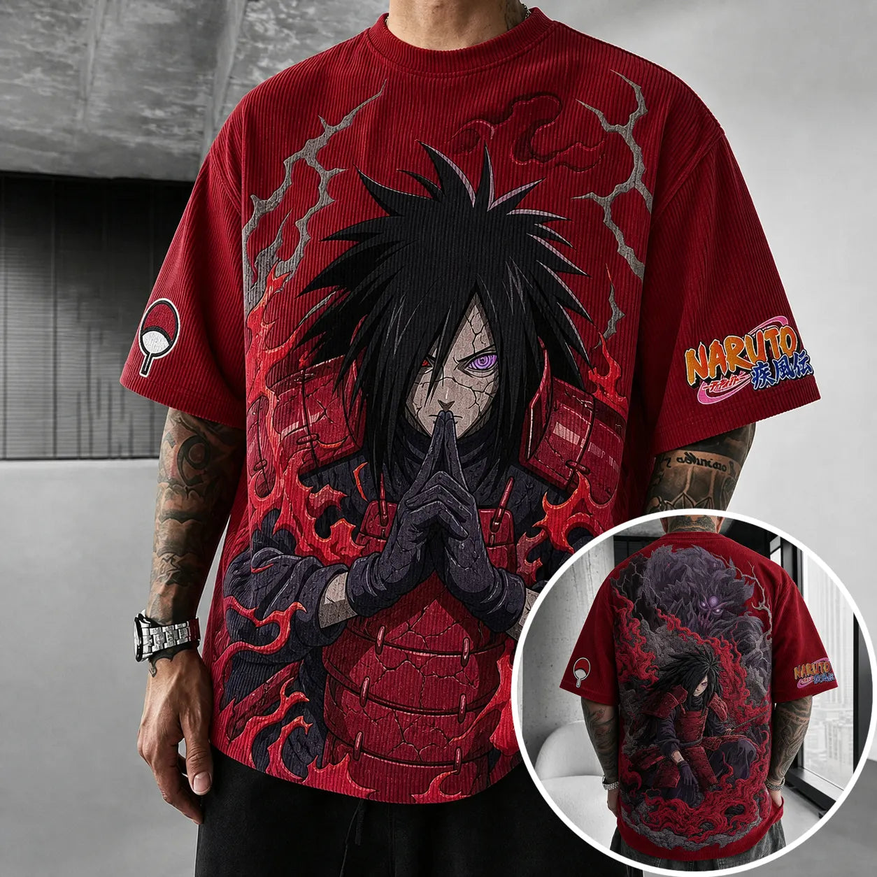 Unisex Oversized Anime-Print Vertical-Stripe Short-Sleeve T-Shirt