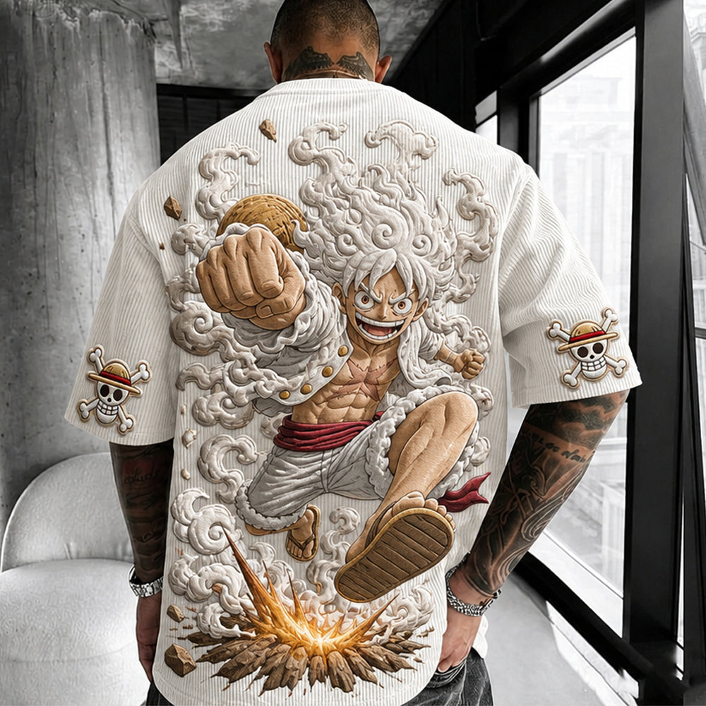 Unisex Anime-Style Retro Corduroy Oversized T-Shirt