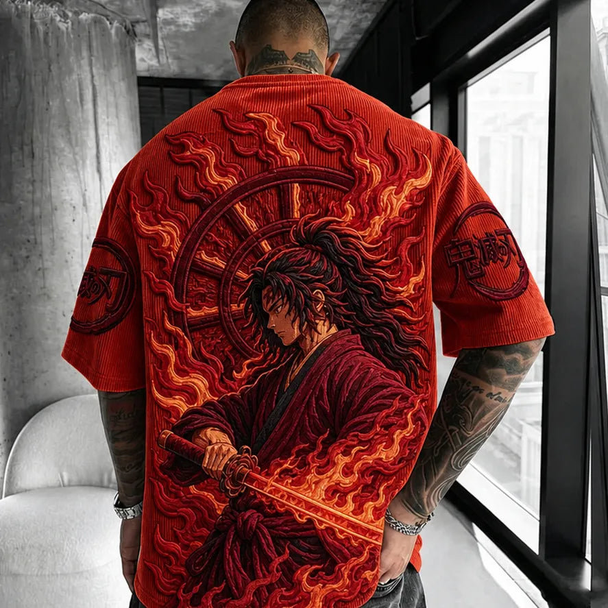 Unisex Oversized Anime-Print Vertical-Stripe Short-Sleeve T-Shirt