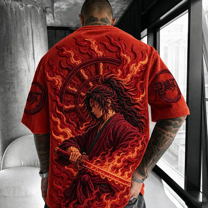 Unisex Oversized Anime-Print Vertical-Stripe Short-Sleeve T-Shirt