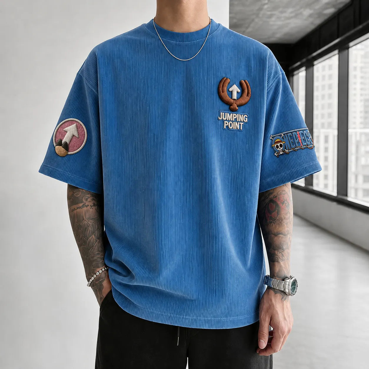 Unisex Short-Sleeve Corduroy T-Shirt With Anime Print