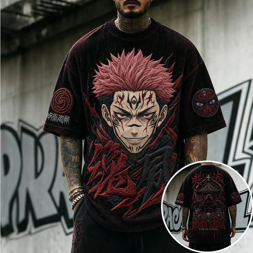 Unisex Anime Print Short-Sleeve Corduroy T-Shirt