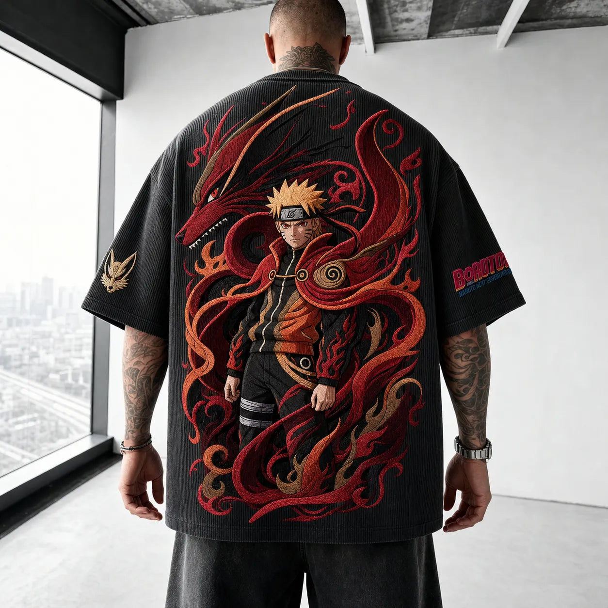 Unisex Oversized Anime-Print Vertical-Stripe Short-Sleeve T-Shirt