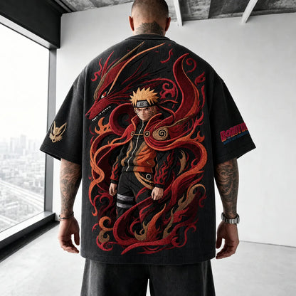 Unisex Oversized Anime-Print Vertical-Stripe Short-Sleeve T-Shirt