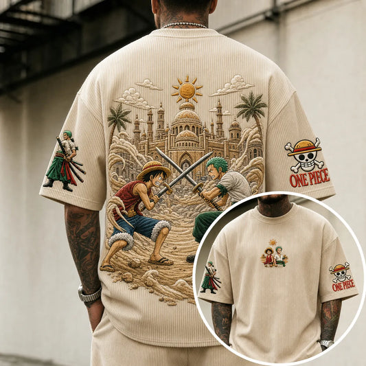 Anime Embroidered Graphic Tee – Premium Cotton Blend Short Sleeve Crew Neck T-Shirt with Back & Sleeve Artwork
