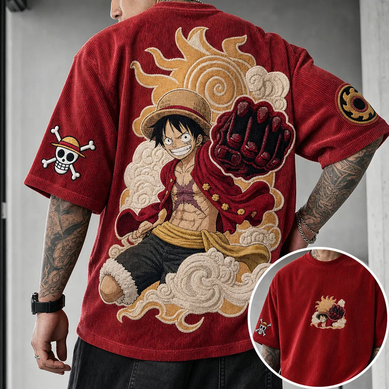 Unisex Anime-Style Retro Corduroy Oversized T-Shirt