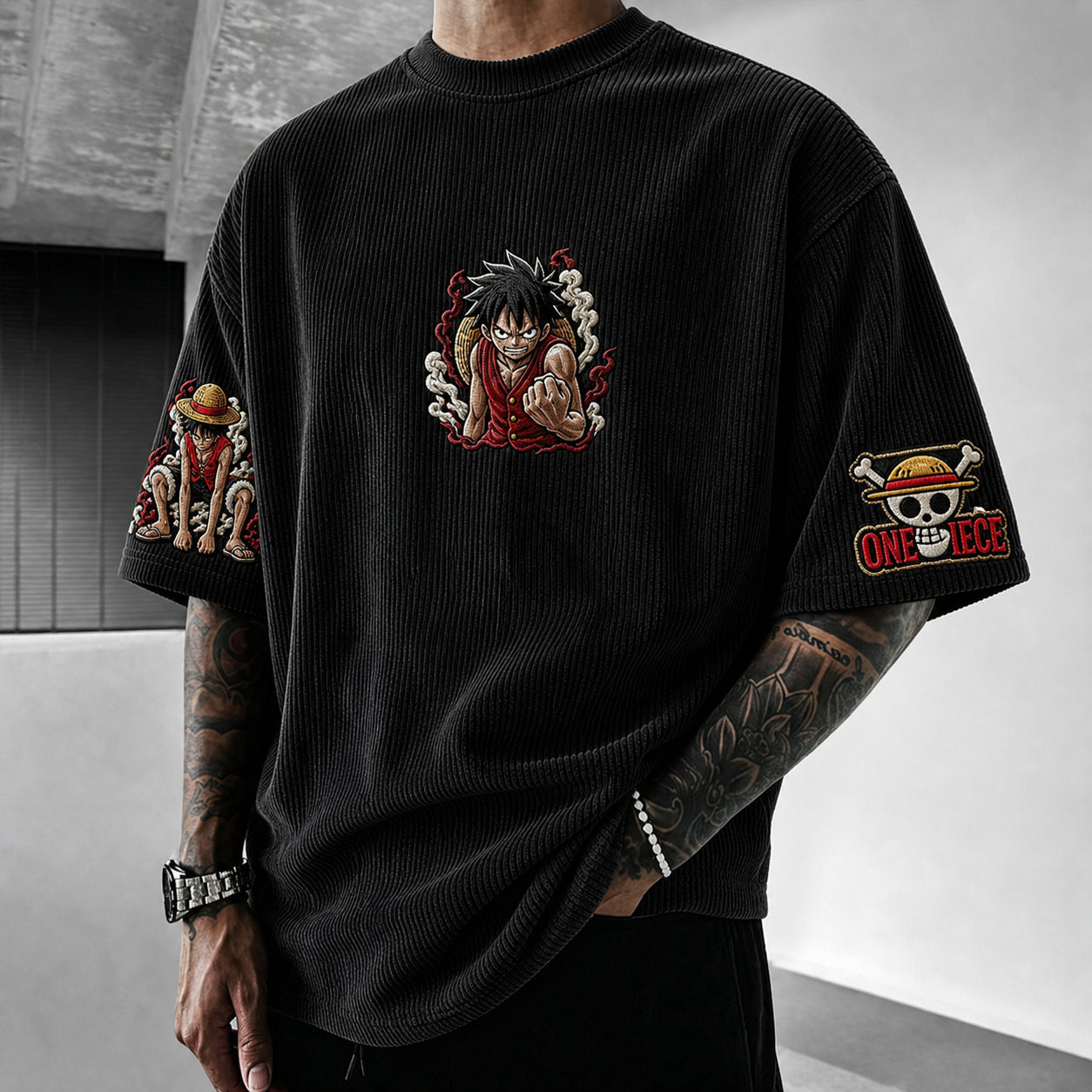 Unisex Anime-Style Retro Corduroy Oversized T-Shirt