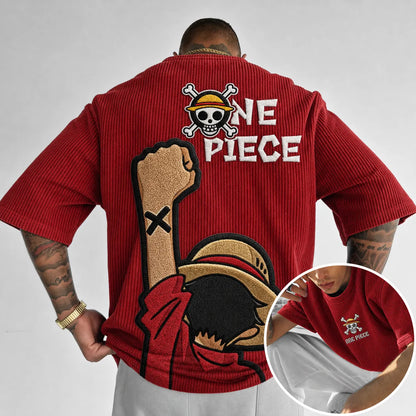Unisex Anime-Style Retro Corduroy Oversized T-Shirt