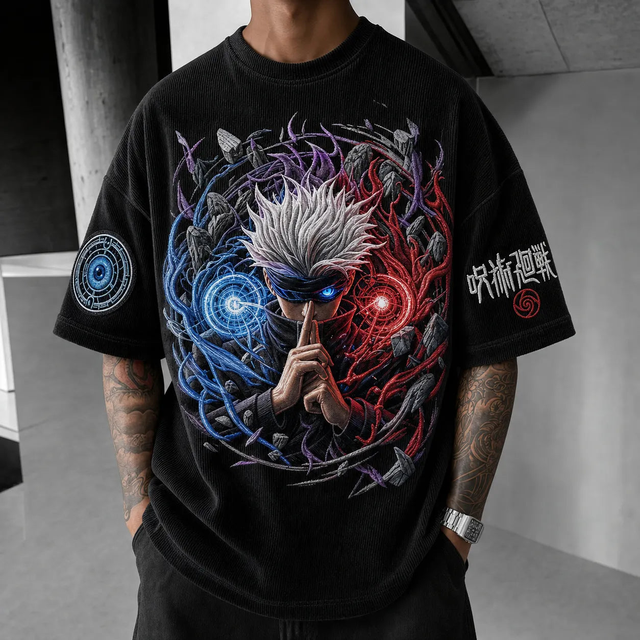 Unisex Anime Print Short-Sleeve Corduroy T-Shirt