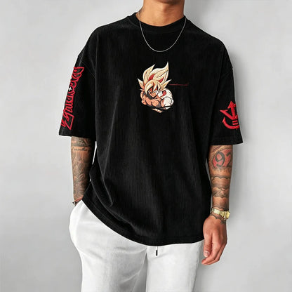 Anime-Inspired Vintage Waffle Knit T-Shirt
