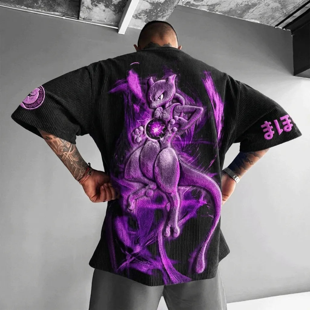 Unisex Anime-Style Retro Corduroy Oversized T-Shirt