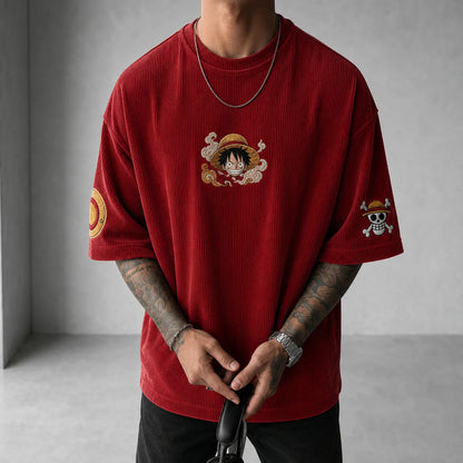 Unisex Anime-Style Retro Corduroy Oversized T-Shirt