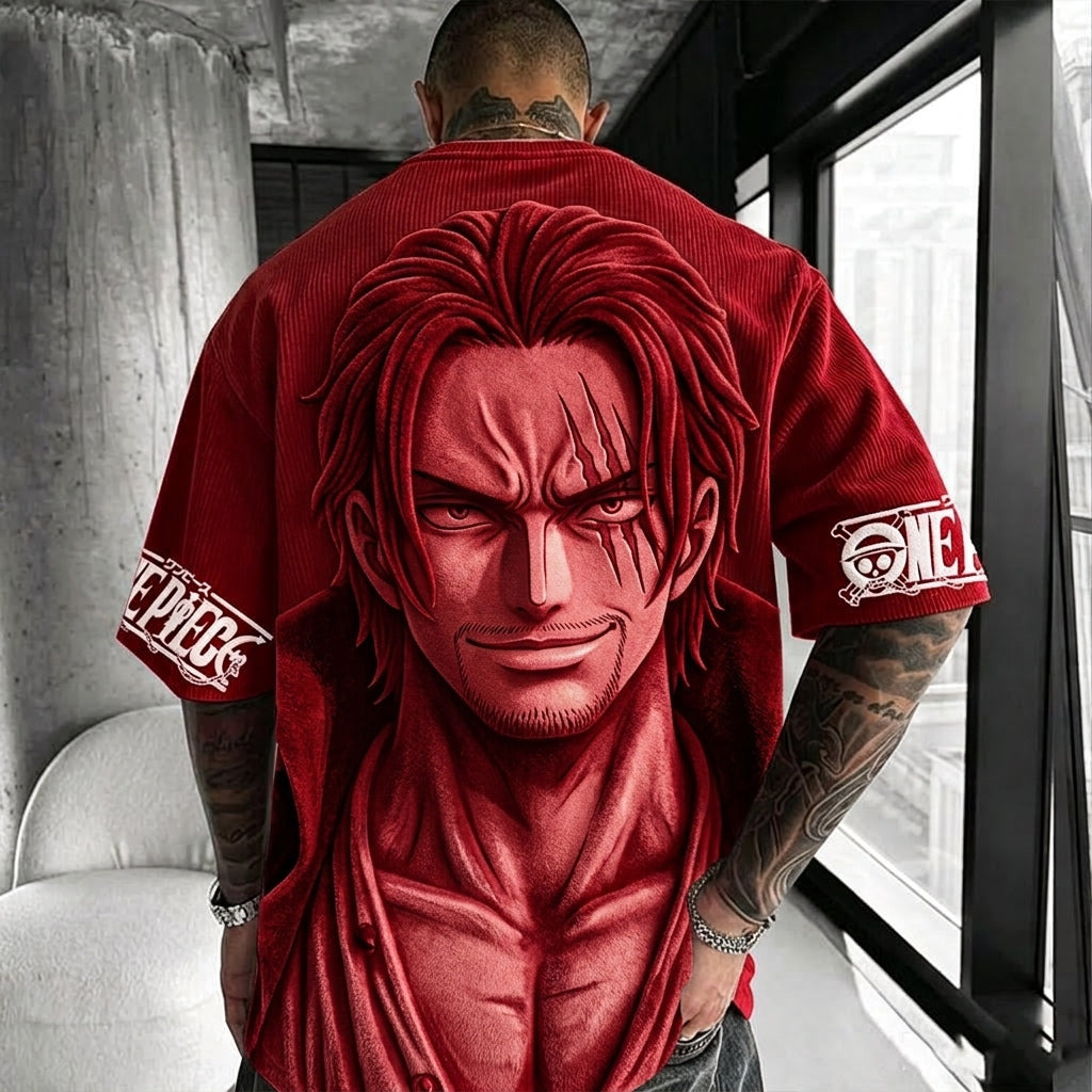 Unisex Anime-Style Retro Corduroy Oversized T-Shirt