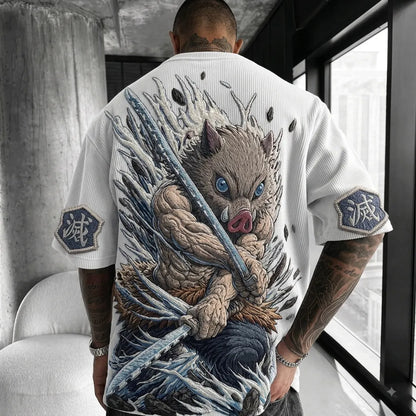 Unisex Anime-Style Retro Corduroy Oversized T-Shirt