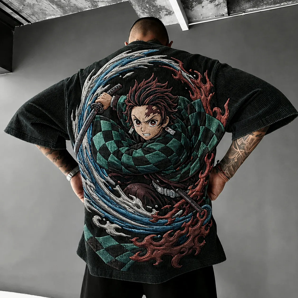 Unisex Anime-Style Retro Corduroy Oversized T-Shirt