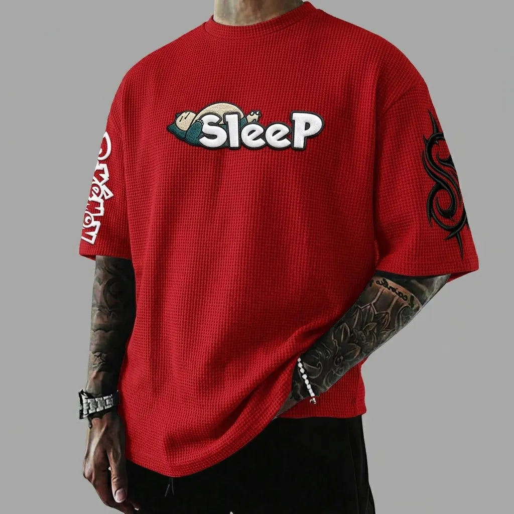 Anime-Inspired Vintage Waffle Knit T-Shirt