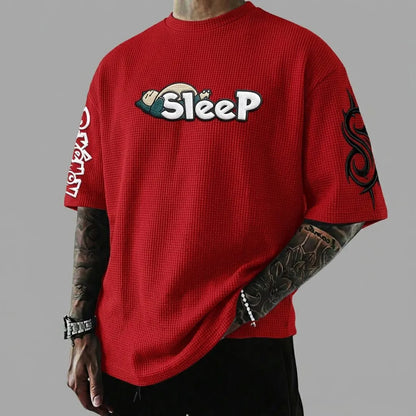 Anime-Inspired Vintage Waffle Knit T-Shirt