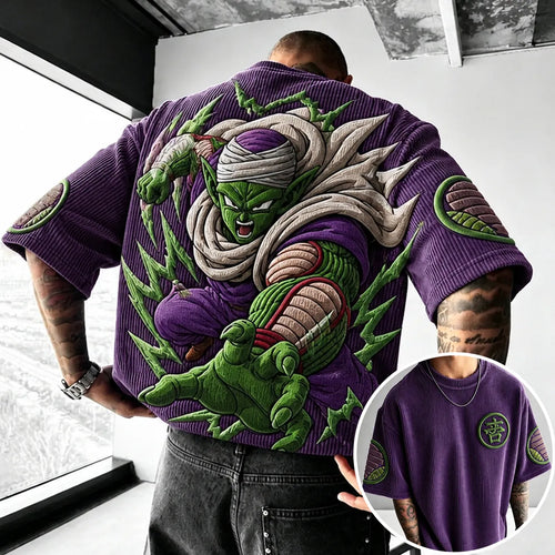 Unisex Anime-Style Retro Corduroy Oversized T-Shirt