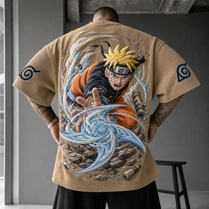 Unisex Oversized Anime-Print Vertical-Stripe Short-Sleeve T-Shirt
