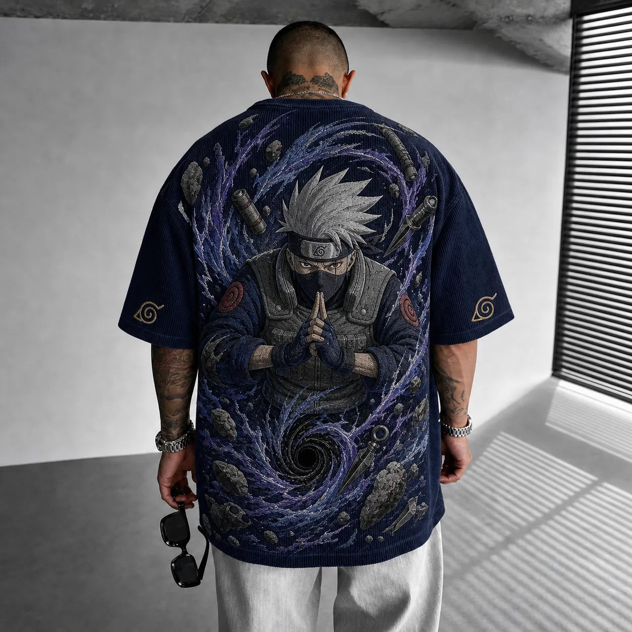 Unisex Oversized Anime-Print Vertical-Stripe Short-Sleeve T-Shirt