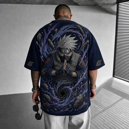Unisex Oversized Anime-Print Vertical-Stripe Short-Sleeve T-Shirt