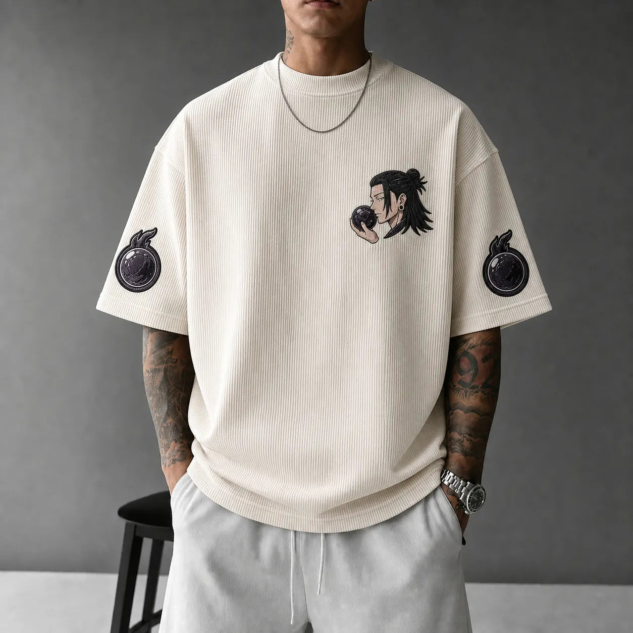 Unisex Anime Print Short-Sleeve Corduroy T-Shirt