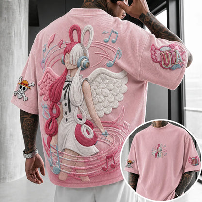 Premium Cotton-Blend Corduroy Oversized Graphic T-Shirt – Anime-Inspired 3D Embroidered Angel & Music Design, Short Sleeve Streetwear Top