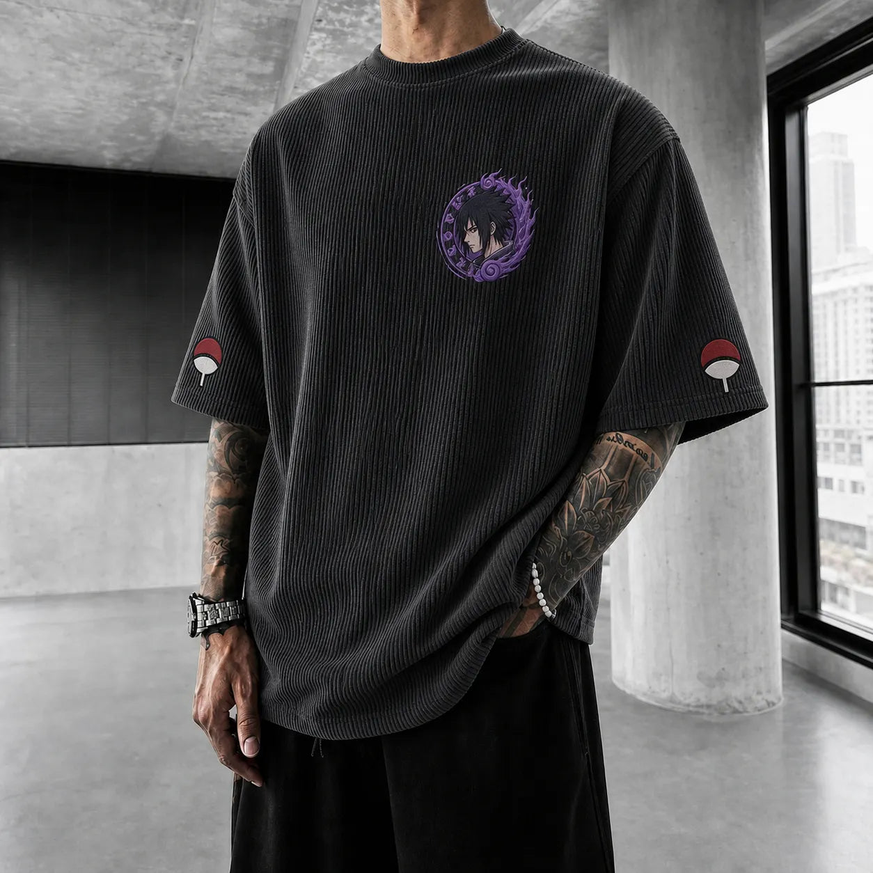 Unisex Oversized Anime-Print Vertical-Stripe Short-Sleeve T-Shirt