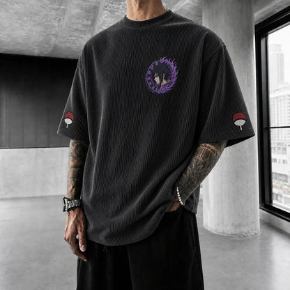 Unisex Oversized Anime-Print Vertical-Stripe Short-Sleeve T-Shirt