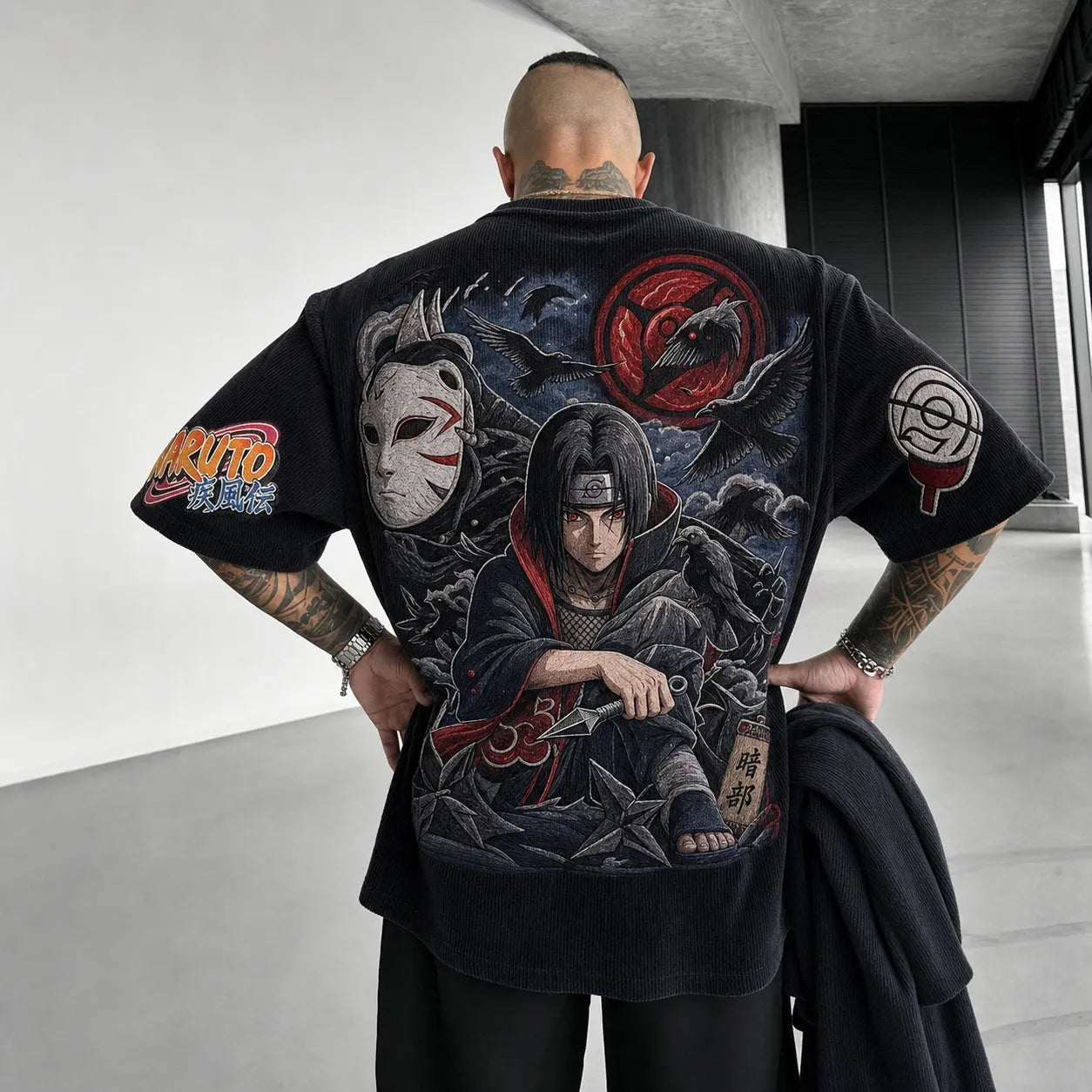 Unisex Oversized Anime-Print Vertical-Stripe Short-Sleeve T-Shirt