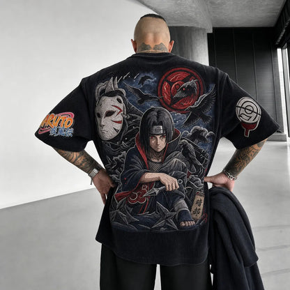 Unisex Oversized Anime-Print Vertical-Stripe Short-Sleeve T-Shirt