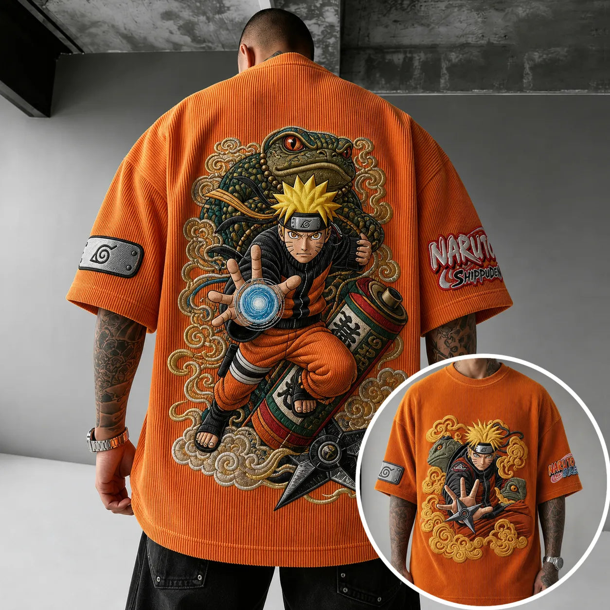 Unisex Oversized Anime-Print Vertical-Stripe Short-Sleeve T-Shirt