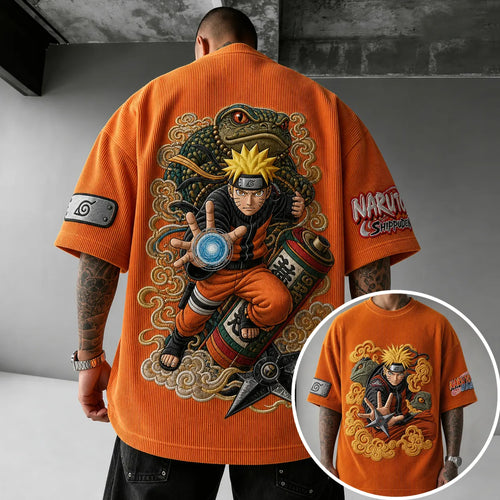 Unisex Oversized Anime-Print Vertical-Stripe Short-Sleeve T-Shirt