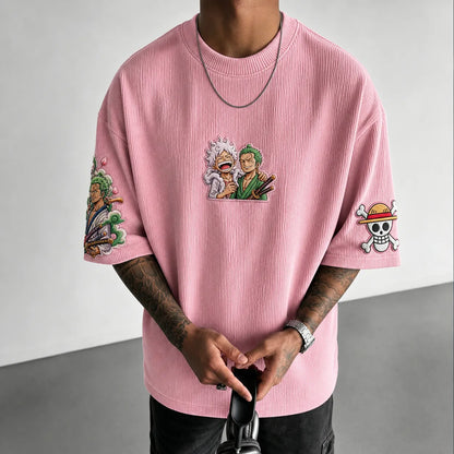Premium Cotton-Blend Ribbed Knit T-Shirt with Anime Character Embroidery – Oversized Crewneck Streetwear Top