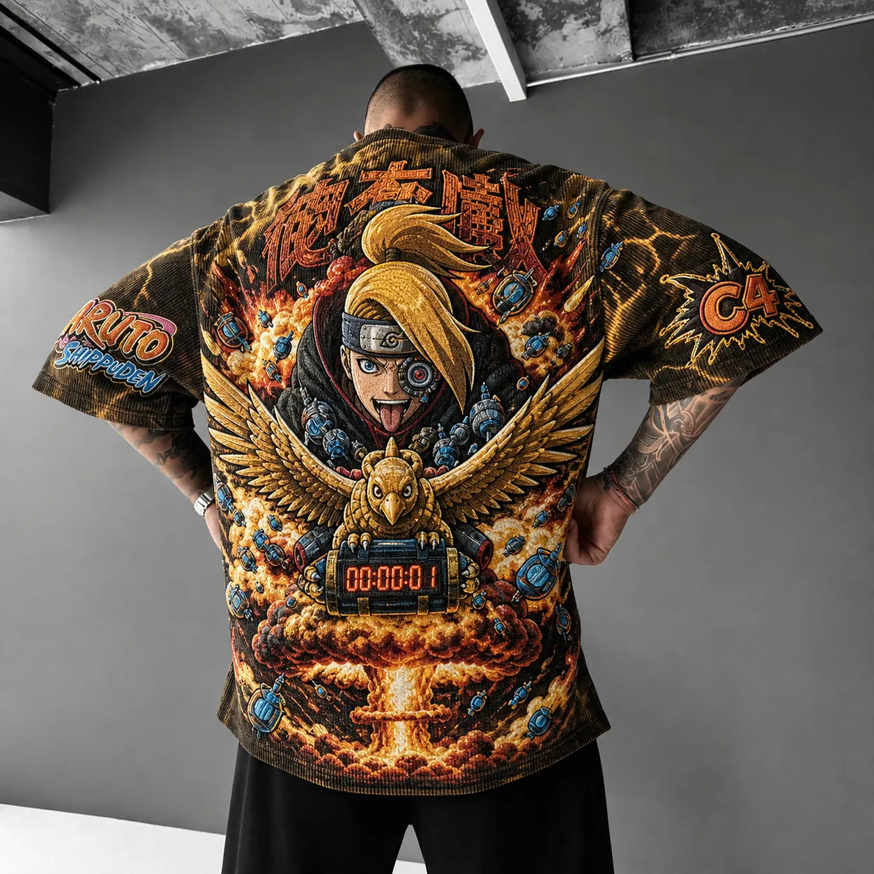 Unisex Oversized Anime-Print Vertical-Stripe Short-Sleeve T-Shirt