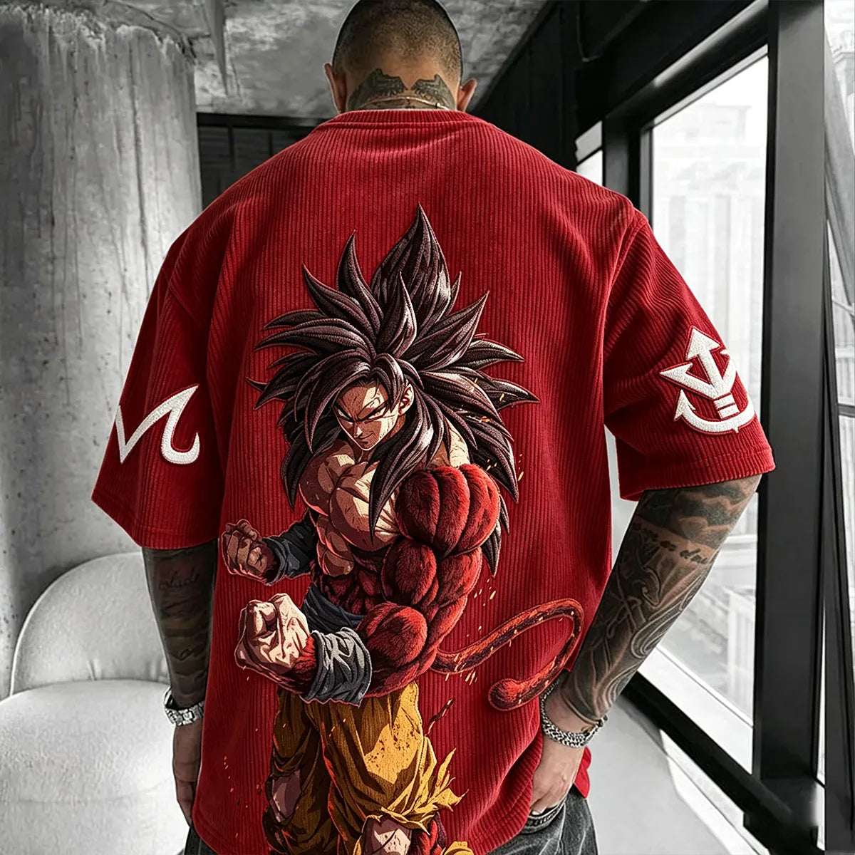 Anime-Inspired Vintage Waffle Knit T-Shirt