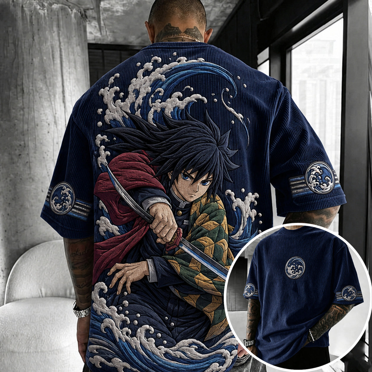 Unisex Anime-Style Retro Corduroy Oversized T-Shirt