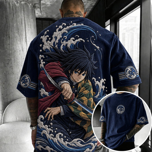 Unisex Anime-Style Retro Corduroy Oversized T-Shirt