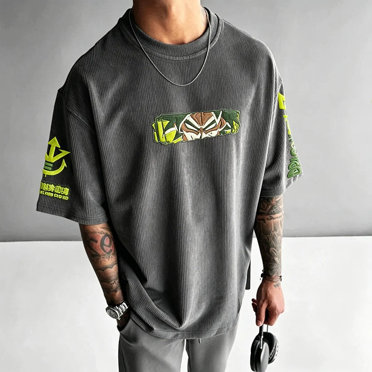 Anime-Inspired Vintage Waffle Knit T-Shirt