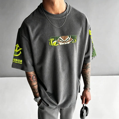 Anime-Inspired Vintage Waffle Knit T-Shirt